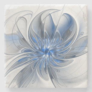 Abstract Blue Grey Watercolor Fractal Art Flower Stone Coaster