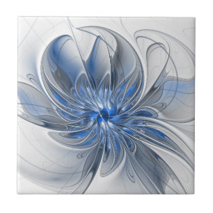 Abstract Blue Grey Watercolor Fractal Art Flower Tile