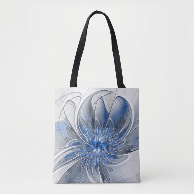 Abstract Blue Grey Watercolor Fractal Art Flower Tote Bag (Front)