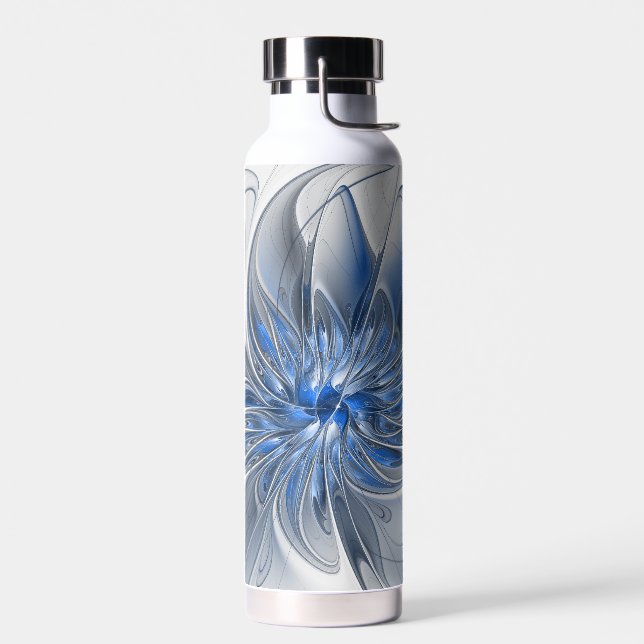 Abstract Blue Grey Watercolor Fractal Art Flower Water Bottle (Left)