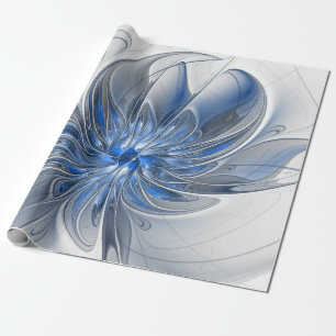 Abstract Blue Grey Watercolor Fractal Art Flower Wrapping Paper