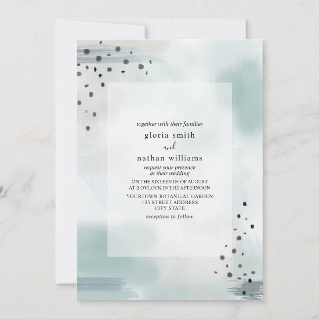 Abstract Blue Grey Watercolor Inspired Wedding Invitation (Front)