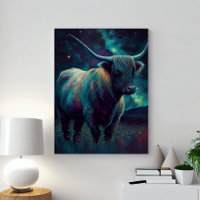 Abstract Blue Highland Cow In A Pasture At Night