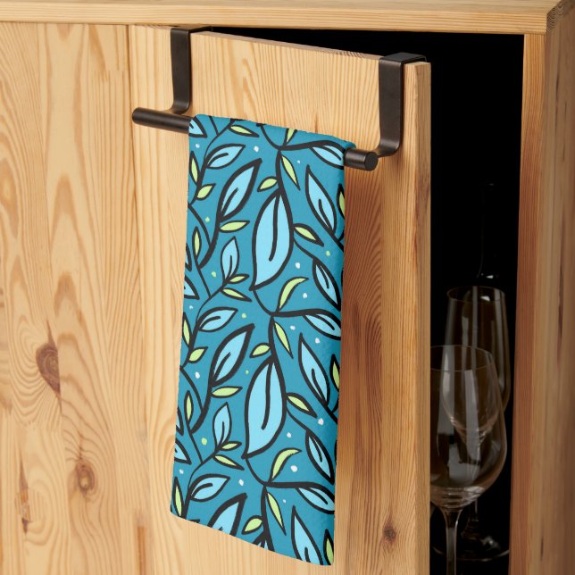 Abstract Blue Leaves Shower Curtain Kitchen Towel (Thirds Fold)