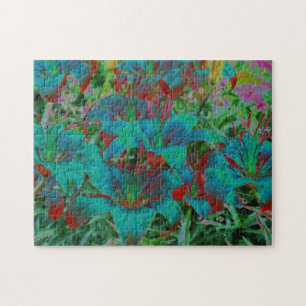 Abstract Blue Lilies Raindrops Flower Art Jigsaw Puzzle