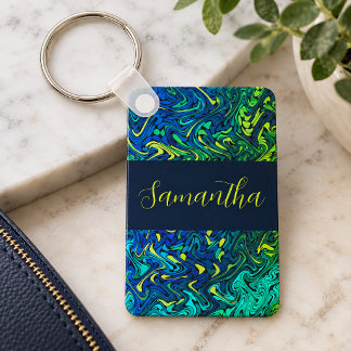 Abstract Blue Lime Teal Fractal Swirls Custom Name Keychain