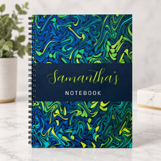 Abstract Blue Lime Teal Fractal Swirls Custom Name Notebook