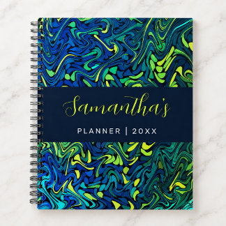 Abstract Blue Lime Teal Fractal Swirls Custom Name Planner