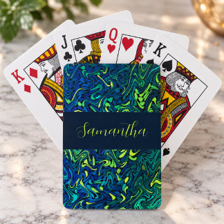 Abstract Blue Lime Teal Fractal Swirls Custom Name Playing Cards