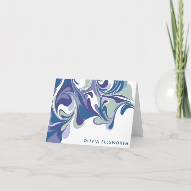 Abstract Blue Marble Swirl Stylish Personalized Note Card (Front)