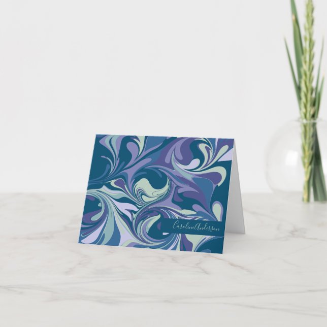Abstract Blue Marble Swirl Stylish Personalized Note Card (Front)