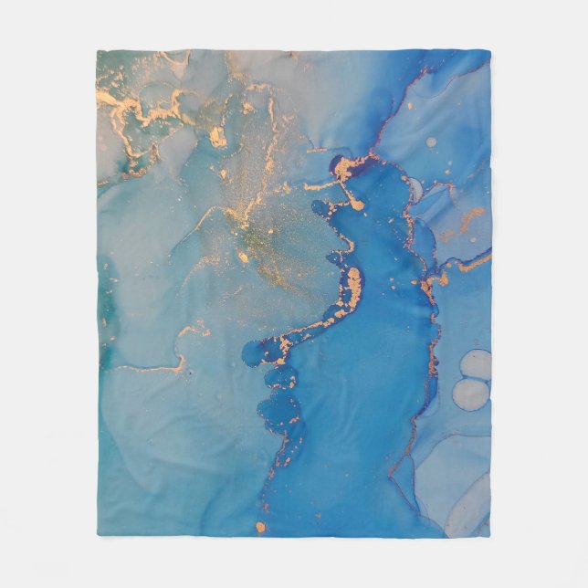 Abstract blue marble with glitter gold fleece blanket (Front)