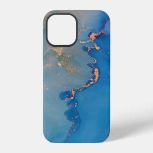 Abstract blue marble with glitter gold iPhone 12 case
