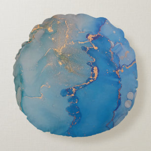 Abstract blue marble with glitter gold round pillow