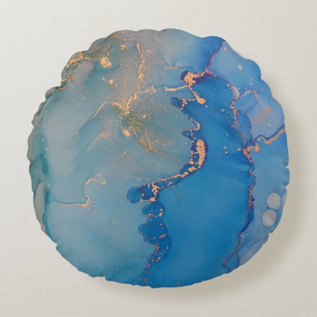 Abstract blue marble with glitter gold round pillow (Front)