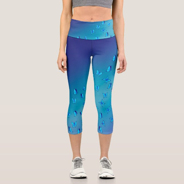 Abstract Blue Moon and Butterflies  Capri Leggings (Front)