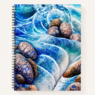 Abstract Blue Ocean Wave Marble Agate Gold Art Notebook