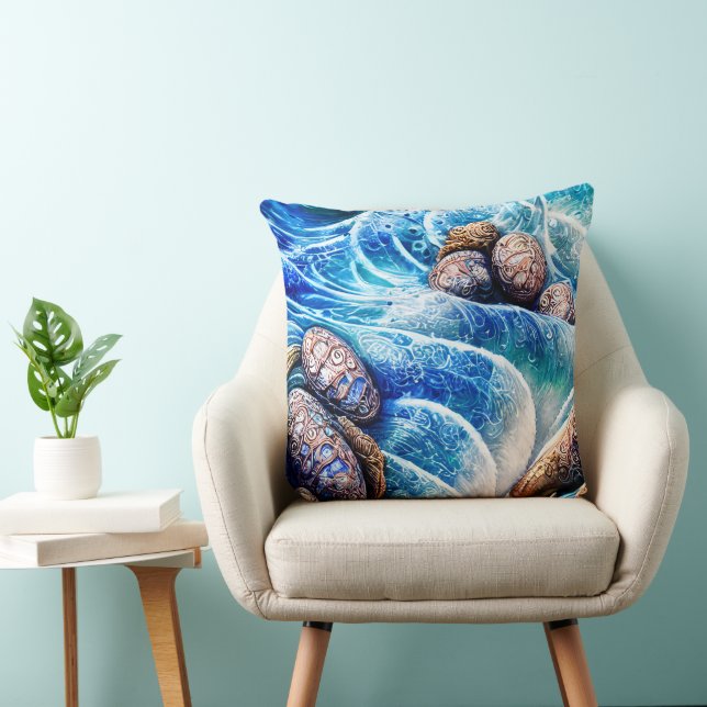 Abstract Blue Ocean Wave Marble Agate Gold Art Throw Pillow (Chair)
