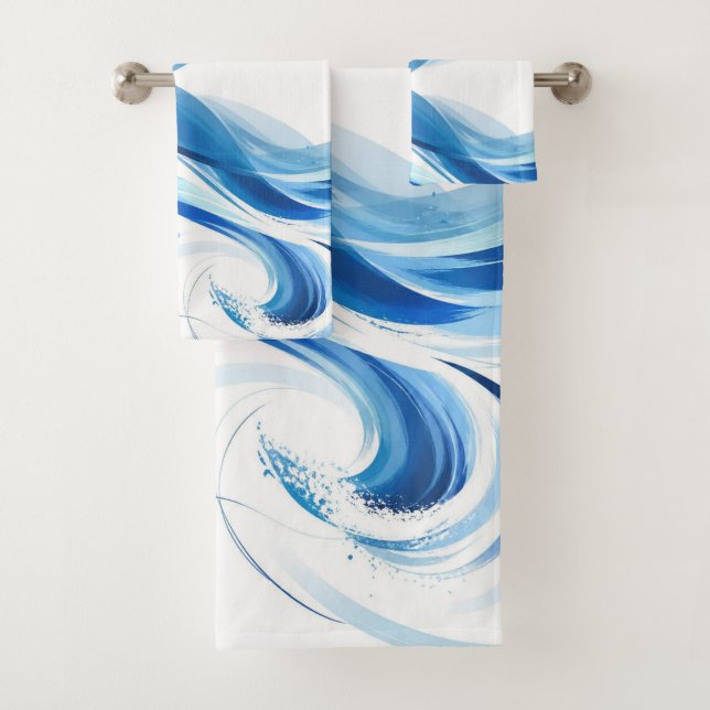 Abstract Blue Ocean Waves Artistic Summer Bath Towel Set (Insitu)
