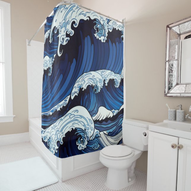 Abstract Blue Ocean Waves Japanese Style Artwork | (In Situ)