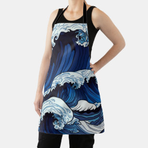 Abstract Blue Ocean Waves Japanese Style Artwork   Apron