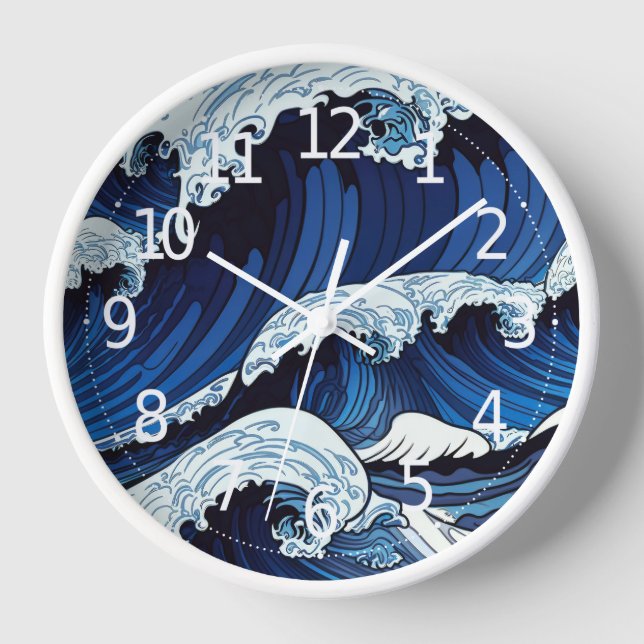 Abstract Blue Ocean Waves Japanese Style Artwork | Clock (Front)
