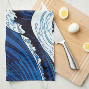 Abstract Blue Ocean Waves Japanese Style Artwork   Kitchen Towel