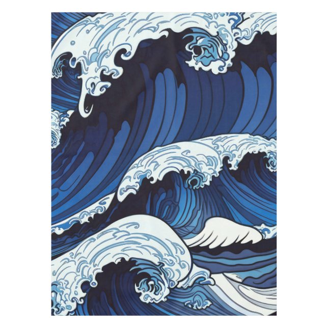 Abstract Blue Ocean Waves Japanese Style Artwork | Tablecloth (Front)