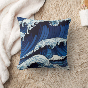 Abstract Blue Ocean Waves Japanese Style Artwork   Throw Pillow