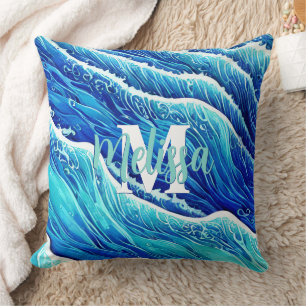 Abstract Blue Ocean Waves Monogrammed Throw Pillow
