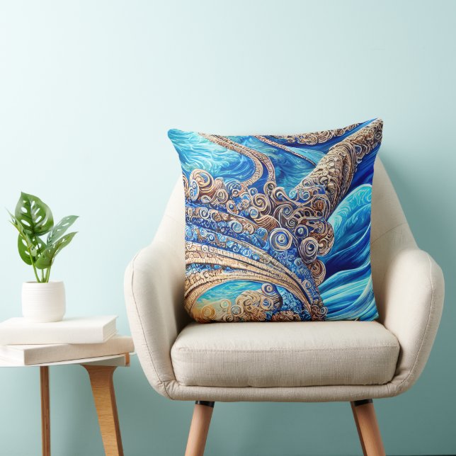 Abstract Blue Ocean Waves Ornate Surrealism Art Throw Pillow (Chair)