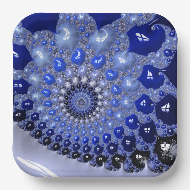 Abstract Blue Ombre Fractal Bubbles Paper Plate (Front)