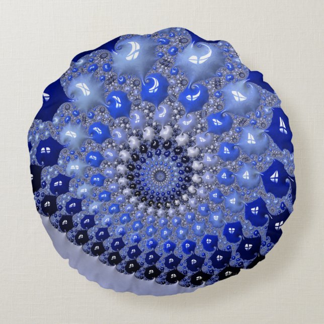 Abstract Blue Ombre Fractal Bubbles Round Pillow (Back)
