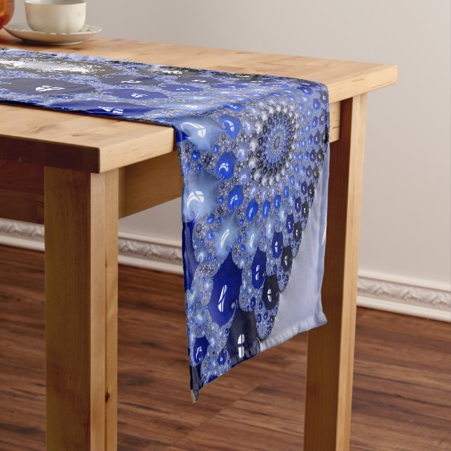 Abstract Blue Ombre Fractal Bubbles Short Table Runner (In Situ)