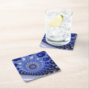 Abstract Blue Ombre Fractal Bubbles Square Paper Coaster