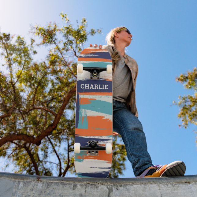 Abstract Blue Orange Brush Strokes Custom Name Skateboard (Outdoor 1)