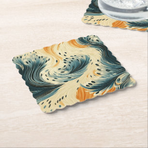 Abstract Blue Orange Cream Peacock Paper Coaster