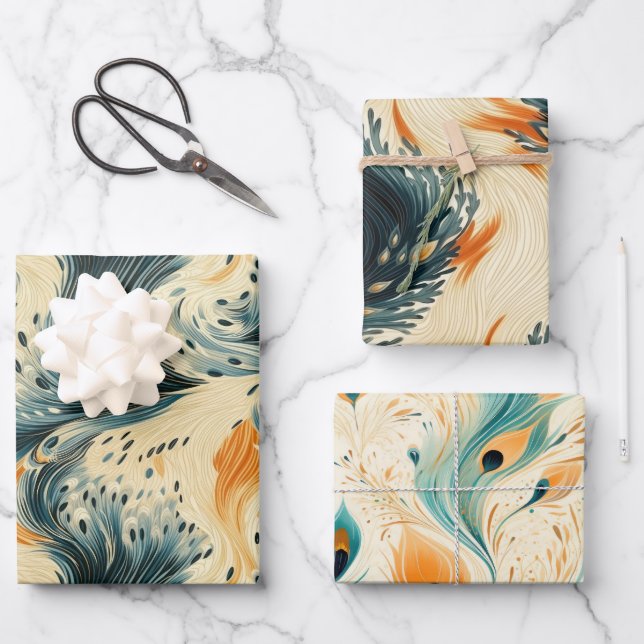 Abstract Blue Orange Cream Peacock Wrapping Paper Sheet (Front)