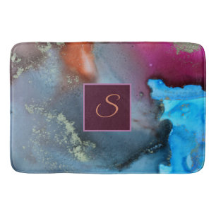Abstract Blue Orange Red Waves Monogram Bath Mat