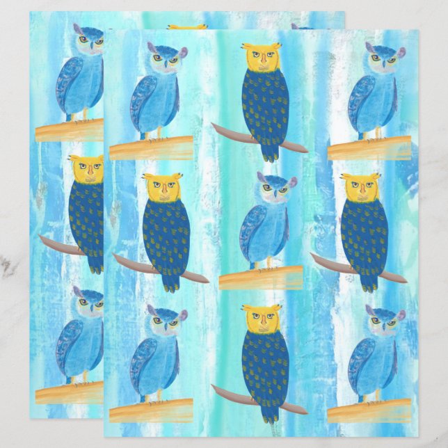 Abstract Blue Owls Turquoise Trees Scrapbook Paper (Front/Back)