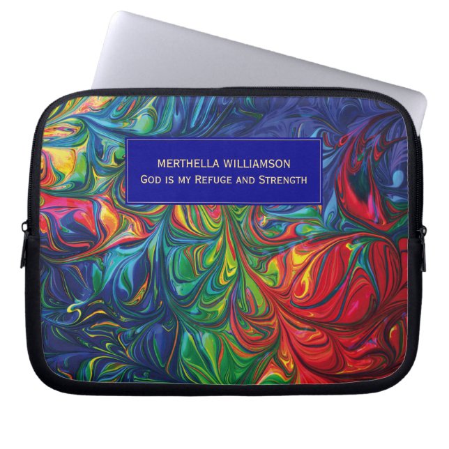 Abstract BLUE Personalized Christian Scripture Laptop Sleeve (Front)