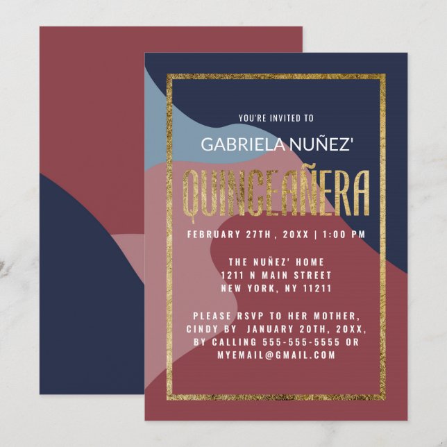 Abstract Blue Pink Gold Geometric Quinceañera Invitation (Front/Back)