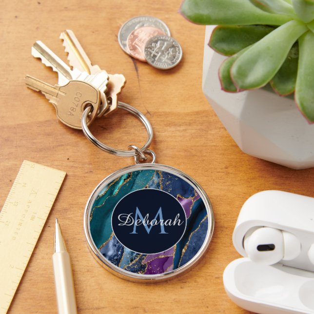 Abstract Blue Purple Gold Agate Monogram Keychain (Desk)
