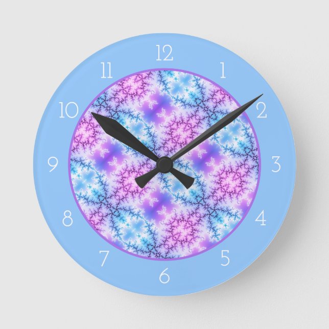 Abstract blue purple snowflake pattern blue border round clock (Front)