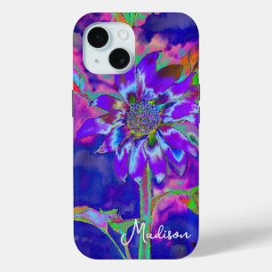 Abstract blue purple sunflower   retro funky  iPhone 15 case