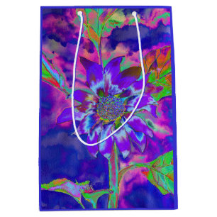 Abstract blue purple sunflower   retro funky  medium gift bag