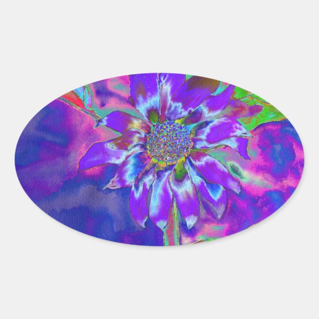 Abstract blue purple sunflower | retro funky  oval sticker (Front)