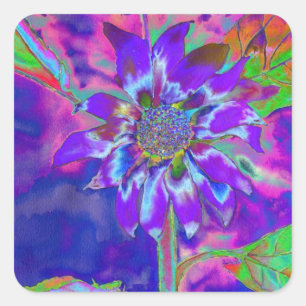 Abstract blue purple sunflower retro funky square sticker
