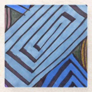 Abstract blue rectangular spiral Egyptian Coil Glass Coaster