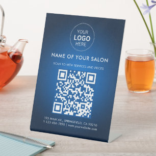 Abstract Blue Salon Business QR Code and Logo Pedestal Sign